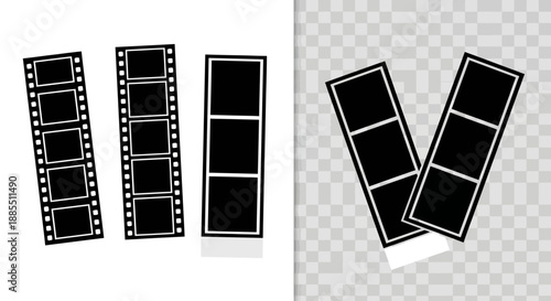 Collection of isolated black film strip and photo negative graphic elements with blank frames, perfect for vintage photography and cinematic art designs on various backgrounds