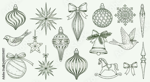 Elegant Vintage Christmas Ornaments Collection Hand-Drawn Engraved Baubles, Stars, Bells, Birds, and Festive Decorations for Holiday Design and Seasonal Greetings