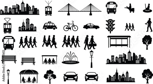 Silhouette icons of urban infrastructure, public transport, city skylines, pedestrians, vehicles, and amenities in black vector style