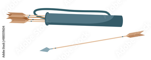 Simple isolated quiver holding arrows and a single arrow on white background vector illustration