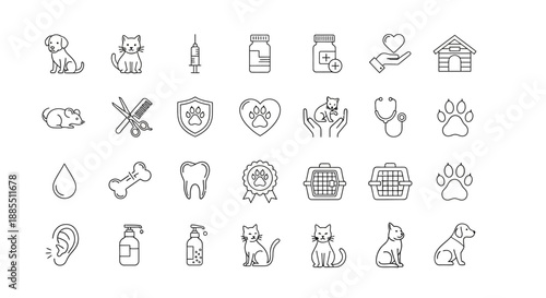 Comprehensive collection of minimalist line icons for pet care, veterinary services, and animal well-being, ideal for digital design projects, web, and mobile applications