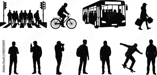 Silhouettes of people engaged in urban activities including walking, cycling, commuting, photographing, and skateboarding in city environment