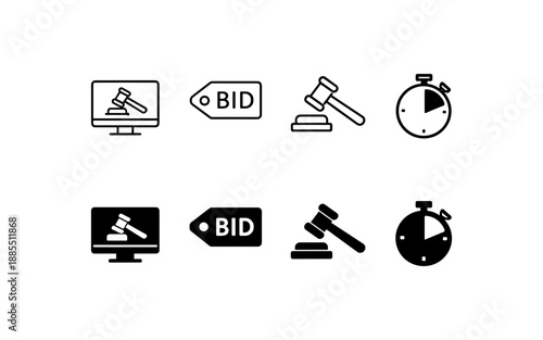 Auction icons: gavel, bid tag, and stopwatch for online bidding and time limits
