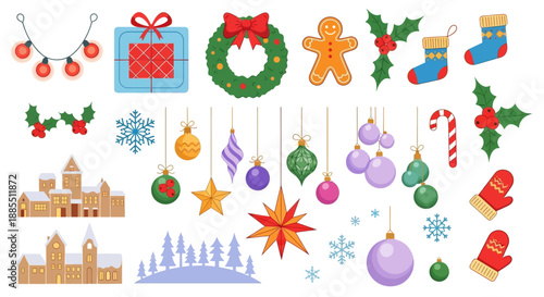 Vibrant set of festive Christmas and winter holiday season illustrations, featuring decorations, gifts, lights, gingerbread, stockings, and cozy village elements