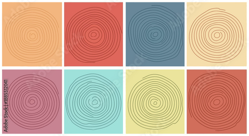 Abstract Hand-Drawn Spirals Vibrant Collection of Eight Organic Concentric Circle Patterns in Diverse Colors, Ideal for Modern Graphic Art and Dynamic Background Textures