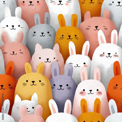 Colorful cartoon bunnies in various shades and expressions.