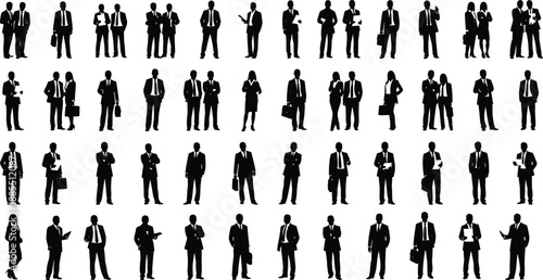 Silhouettes of 60 business professionals in formal attire performing various gestures, holding items, and interacting in grid layout