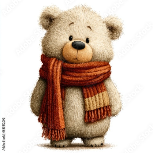 Cute teddy bear wearing a scarf, fluffy and cheerful in appearance.