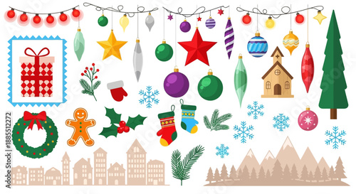 Festive Christmas decorations and elements for holiday celebrations, including ornaments, gifts, and winter scenery