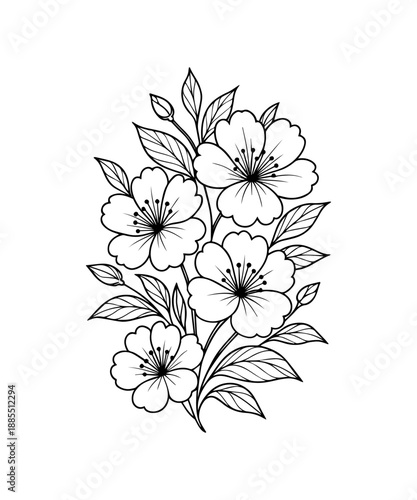 Minimalist floral drawing blooming with leaves and buds