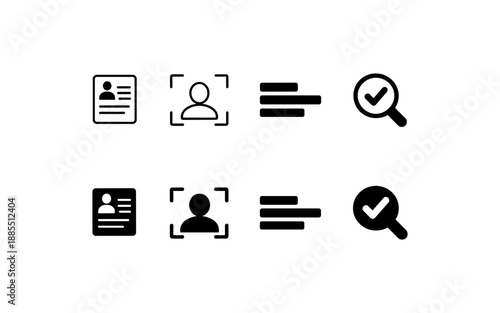 Collection of four simple icons representing profile, face recognition, menu, and search with checkmark