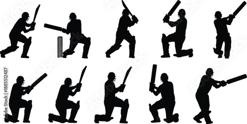 Cricket batsman silhouette sequence showing batting shots defensive strokes and aggressive swings isolated on white background for sports training analysis coaching and competition concepts