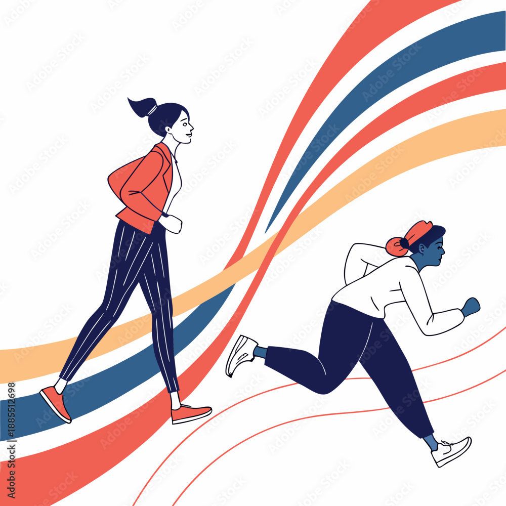Fototapeta premium Two women running with modern abstract colorful background