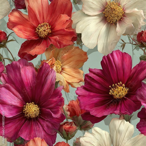 Floral pattern with detailed illustrations of colorful flowers.