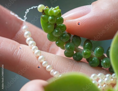 Wallpaper Mural Close up of delicate pearl necklace gently resting on succulent plant with human fingers holding both elements softly in soft natural light Torontodigital.ca