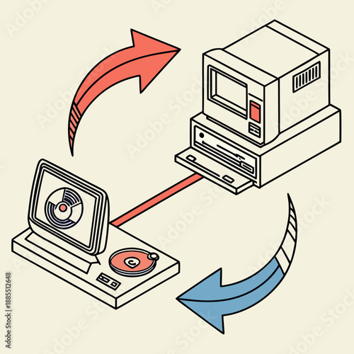 Retro Computer System Showing Technology Transition with Arrows
