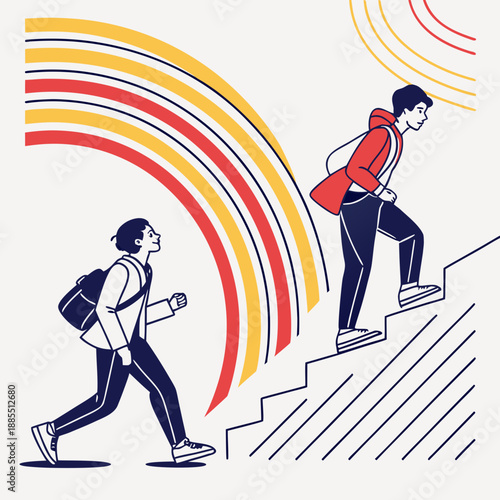 Two people moving upward towards success on abstract steps