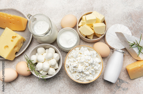 Dairy products assortment showcasing fresh milk cheese butter eggs