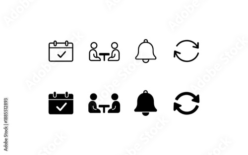 Set of four icons: calendar, meeting, bell, and refresh, in outline and solid styles