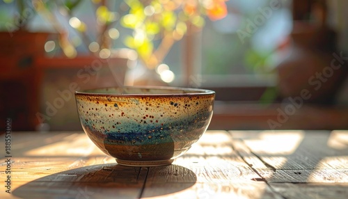 Wallpaper Mural Warm Ceramic Tea Bowl Steaming Gently on a Rustic Wooden Table Bathed in Golden Morning Sunlight Torontodigital.ca