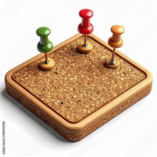 Wallpaper Mural Three Colorful Pushpins Green Red Orange Stuck In A Square Corkboard With Wooden Frame On White Background Torontodigital.ca