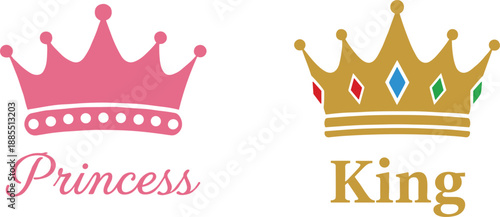 Princess and king crown logos showing royal tiara symbols with text for luxury branding children fashion celebration illustration.