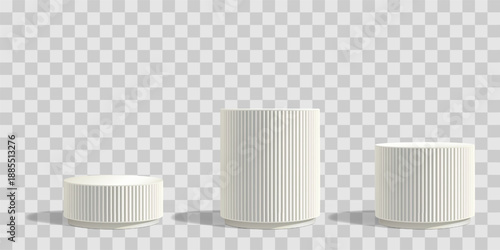 Marble sculpture podium bg, 3d pillar product stand. Set of three cylinder isolated. White pedestal, elegant platform. Pastel cosmetic museum stage, exhibition display base. Silver luxury circle