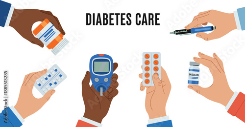 Comprehensive diabetes care medical set featuring hands holding glucose monitor insulin vial pills and syringes for healthcare awareness and diabetic management flat vector.