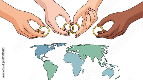 Diverse hands holding wedding rings above a world map illustration symbolizing global unity and love from a bird's eye view