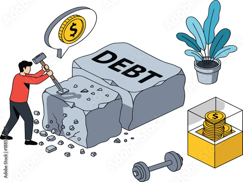 Isometric debt reduction concept featuring man breaking debt stone with hammer financial freedom savings and credit management strategy flat vector illustration.
