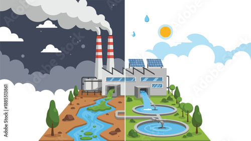 Industrial pollution contrasted with clean environment, showcasing eco-friendly transformation, factory, water treatment, industrial site, environmental conservation