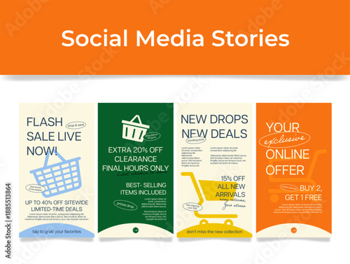A vector template for social media stories featuring various promotional offers and discounts is available for sale.