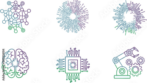 Modern linear technology icons representing artificial intelligence, data science, and automation concepts.
