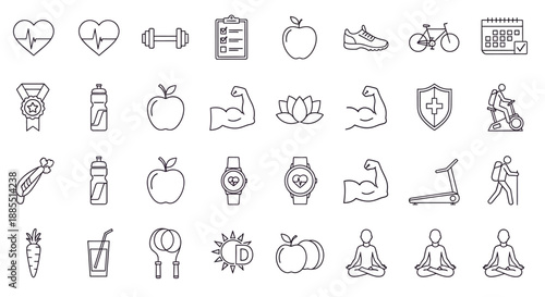 Comprehensive Collection of Health and Fitness Line Icons Representing Wellness, Active Lifestyle, and Exercise Routines in a Clean, Minimalist Style