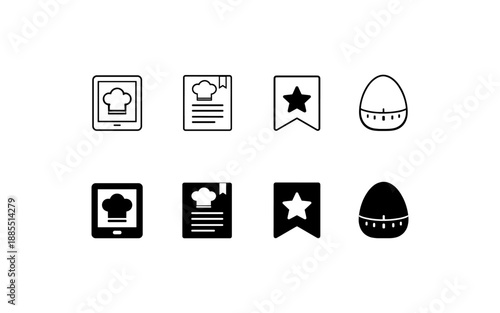 Collection of cooking icons including tablet, recipe book, bookmark, and egg timer