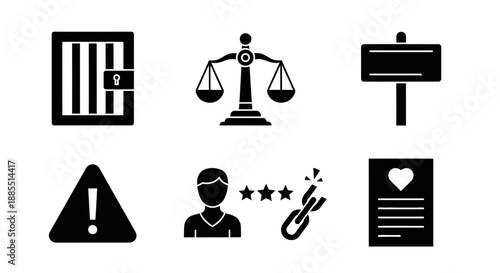 Diverse Vector Icon Set Symbolizing Justice, Legal Processes, Warnings, Business Agreements, and Social Feedback, in Modern Black Silhouette Style