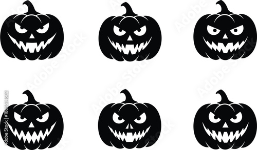 Scary halloween pumpkin face silhouettes set with evil jack o lantern expressions isolated black vector illustration design