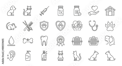 Essential line icons for pet care services, veterinary medicine, animal grooming, and companion animal well-being, ideal for digital design projects