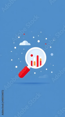 Data Analytics Business Intelligence Magnifying glass over graphs and data elements against a blue background.