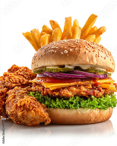 fast casual food set burger fries fried chicken isolated on white background wide framing copy space