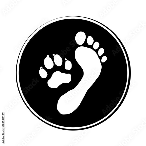 Dog paw and human footprint cut out in black circle without background