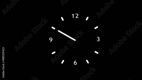 Fast Ticking Clocks Analog clock spinning animation, twelve hours clock run, moving time arrows flat style 24 hours day fast speed with moving timer clock on black background

