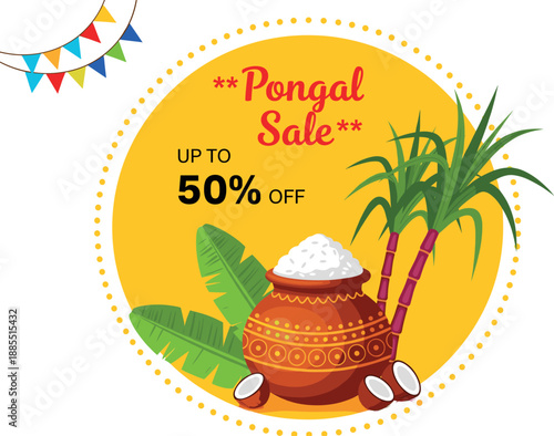 Pongal sale banner with fifty percent off discount traditional pot rice sugarcane and banana leaves on yellow background