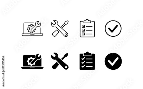 Set of icons representing technical support, repair, and task completion with checkmarks