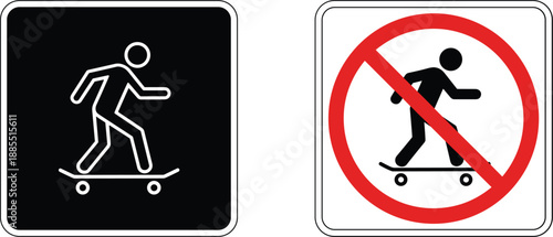 Skateboarding allowed and prohibited signs set with skateboard rider symbols showing permission and restriction isolated vector illustration