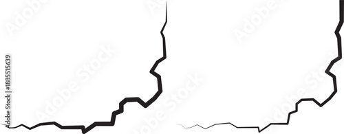 
Surface crack and fissure in ground, concrete, crevices from disaster top view. Ground crack texture icon isolated on white and black background

