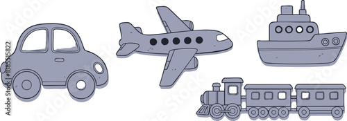 Charming hand-drawn transportation set including car, plane, boat, and train vector illustration.