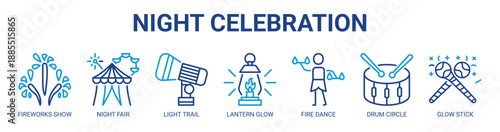 Night Celebration web banner icon vector illustration concept with icon of fireworks show, night fair, light trail, lantern glow, fire dance, drum circle, glow stick.