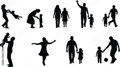 Family people silhouette collection showing parents and children bonding walking and playing together isolated on white background for love care parenting lifestyle concepts