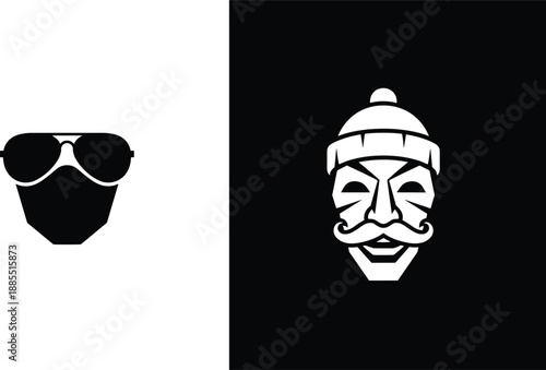 Stylish male face icons showing sunglasses beard and winter hat character silhouettes for fashion identity logo illustration design.